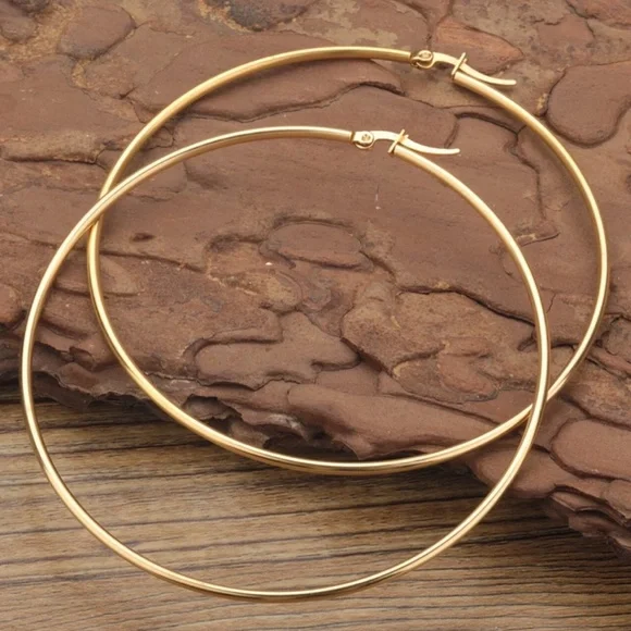 Gold Tone Large Hoop Earrings Zinc Alloy Round - Picture 5 of 7